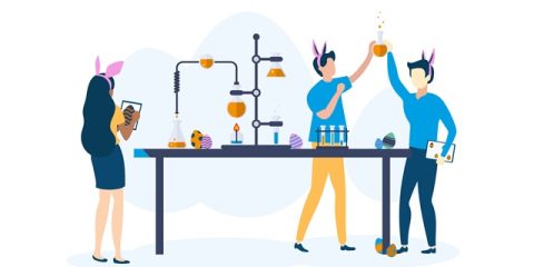 Die Grafik zeigt drei Menschen, die chemische Experimente machen und dabei Hasenohren tragen.