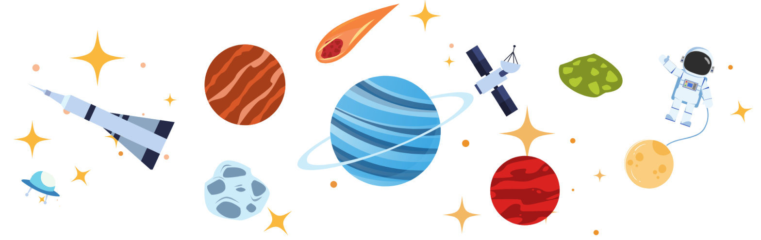 Die Grafik steht symbolisch für den Weltraum. Sie zeigt bunte Planeten, Sterne, Raketen, Satelliten und eine:n Austronaut:in.