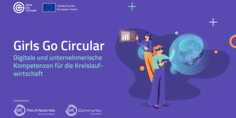 Die Grafik zeigt den Schriftzug "Girls Go Circular". Darunter steht "Digitale und unternehmerische Kompetenzen für die Kreislaufwirtschaft". Eine Illustration zeigt zwei Mädchen, die in der virtuellen Realität an etwas arbeiten. Außerdem findet sich ein Logo mit dem Schriftzug "Funded by the European Union". Unter dem Schriftzug "Coordinated by" stehen die Logos von "eit RawMaterials - Connecting matters" und eit Community - Education".