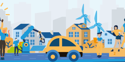 Die Grafik zeigt Gruppen von Menschen vor einem städtischen Hintergrund mit Autos, Roboterarmen, Windrädern und Solarpanelen.