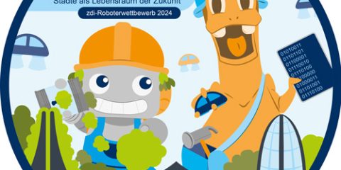 Die Grafik zeigt das Logo für den zdi-Roboterwettbewerb 2024. Es zeigt das Motto "Smart Cities - Städte als Lebensraum der Zukunft" und einen Roboter und einen Dinosaurier, die zusammen eine intelligente Stadt erbauen.