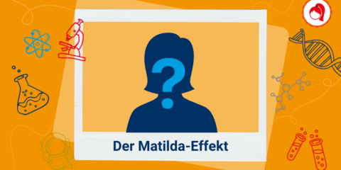 Eine Silhouette mit einem Fragezeichen steht auf einem orangefarbenen Hintergrund, umgeben von Wissenschaftssymbolen. Der Text lautet „Der Matilda-Effekt“.