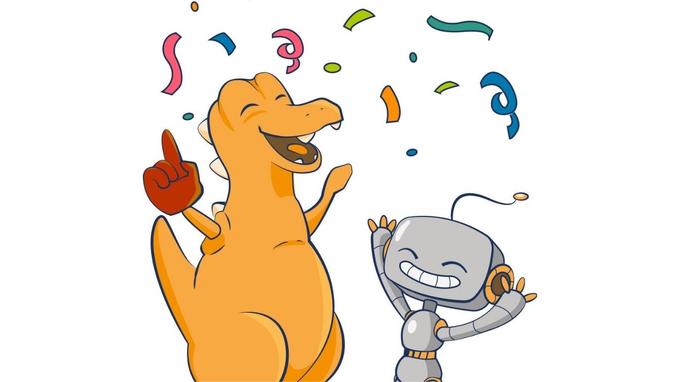 Ein Cartoon-Dinosaurier und ein Roboter, feiern freudig, während buntes Konfetti um sie herum fällt.