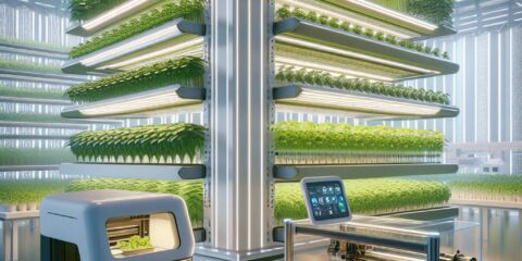 Im futuristischen Bild von „Ernährung Zukunft“ besteht eine vertikale Farm aus gestapeltem Grünzeug, während automatisierte Roboter in einer modernen Küchenumgebung fachmännisch Salat und Burger zubereiten.