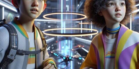 Eine Schülerin und ein Schüler, ca. 12 Jahre alt vor einem futuristischen Hintergrund. Sie schauen neugierig und erwartungsvoll in die Ferne.